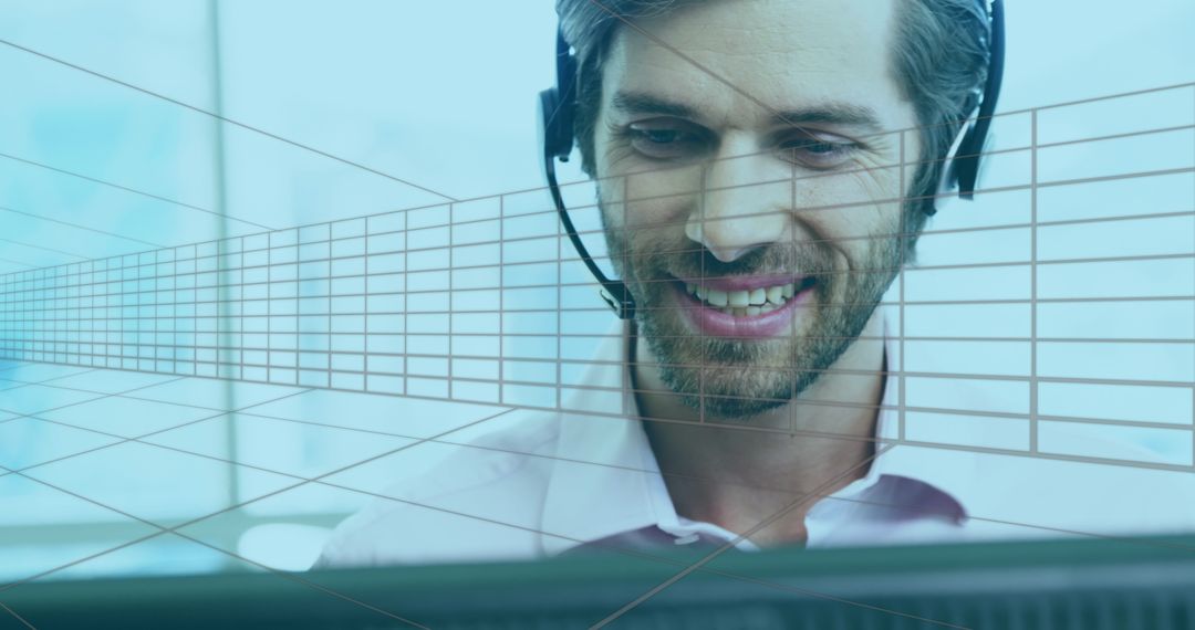 Smiling Customer Service Representative with Data Overlay