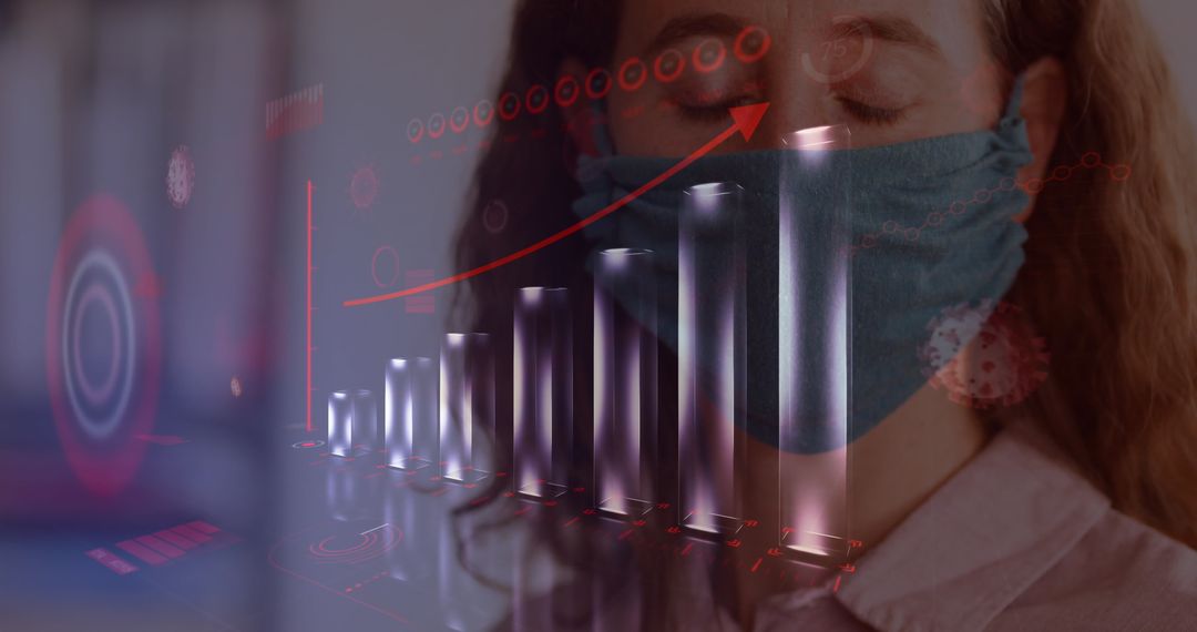 Masked Woman with Digital Graph Overlay for Pandemic Analysis