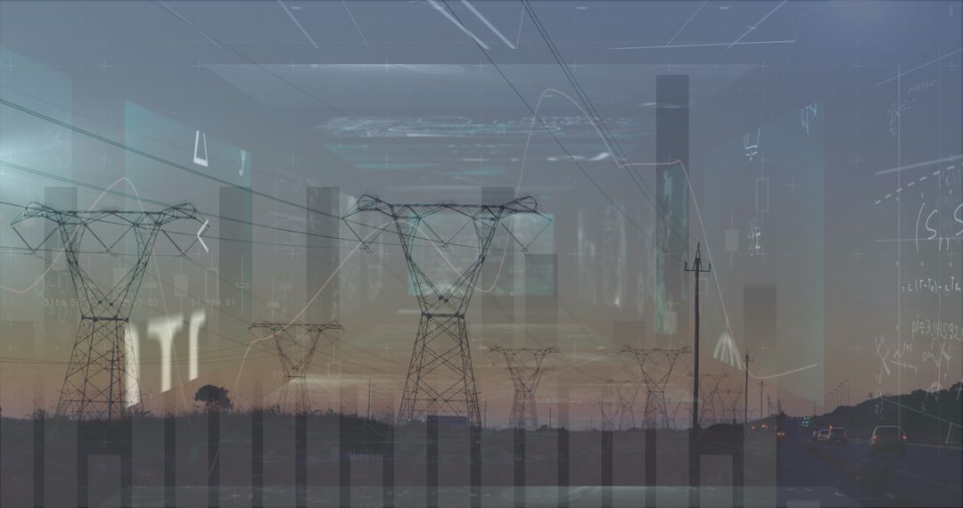 Mathematical Formulas Overlaid on High Voltage Towers at Sunset