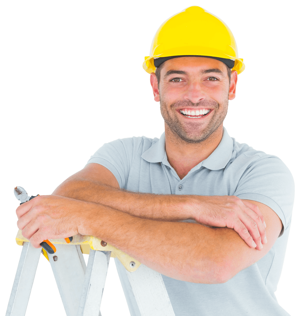 Smiling Repairman with Safety Helmet on Ladder in Transparent Background