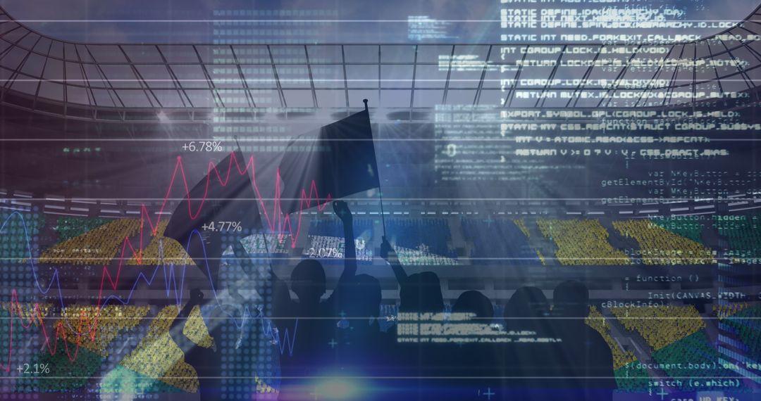 Statistical Graphics Overlay Silhouetted Fans in Stadium