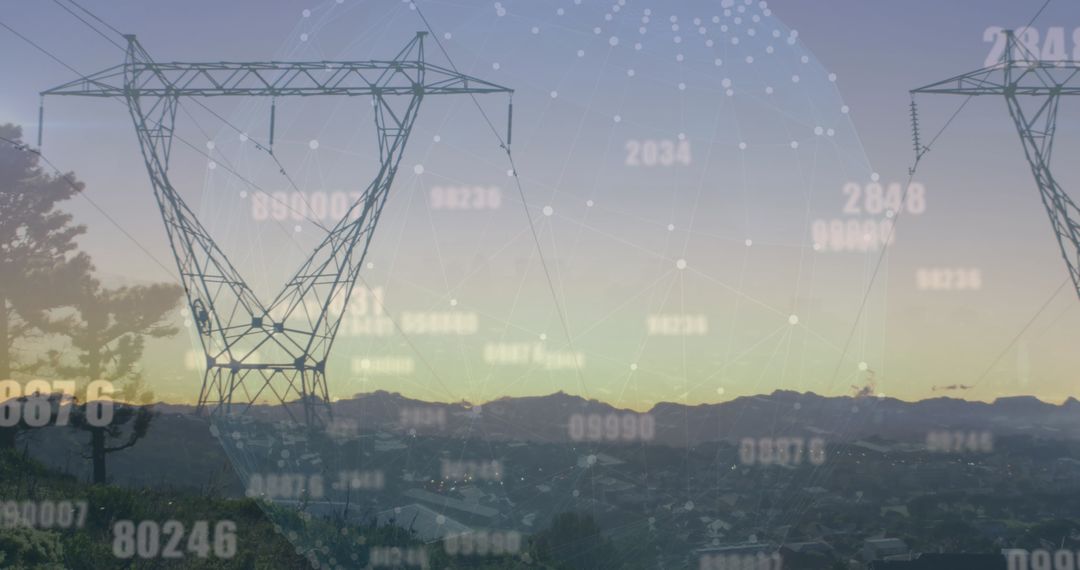 Lattice Power Tower at Dusk with Digital Data Overlay