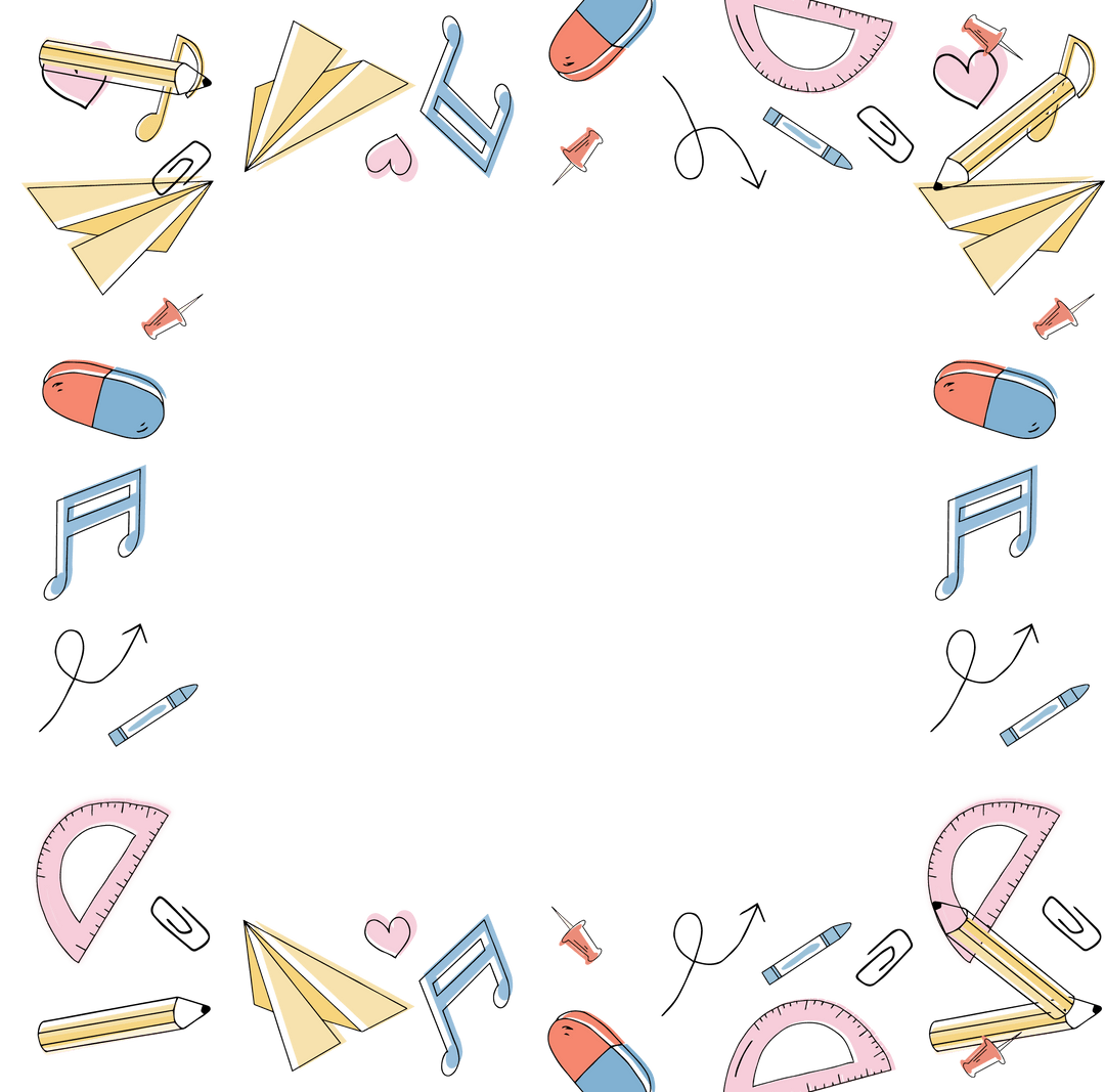 Playful Stationery Doodles Border on Transparent Background