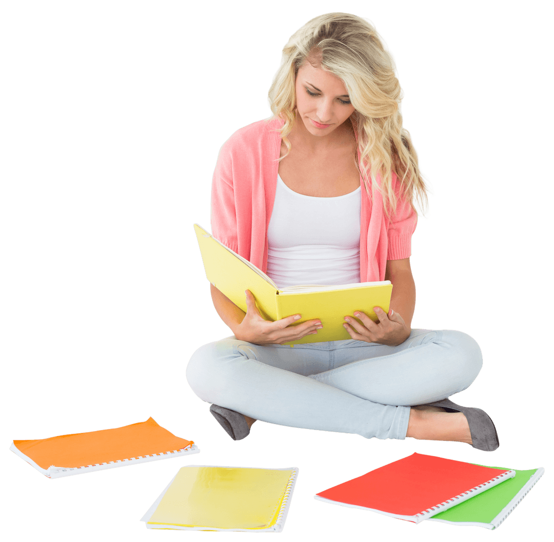 Transparent Background of Woman Sitting and Reading Books
