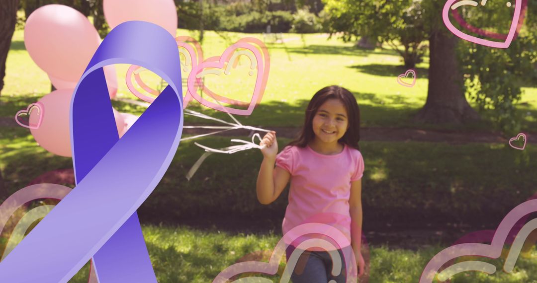 Joyful Girl with Balloons Supporting Cancer Awareness
