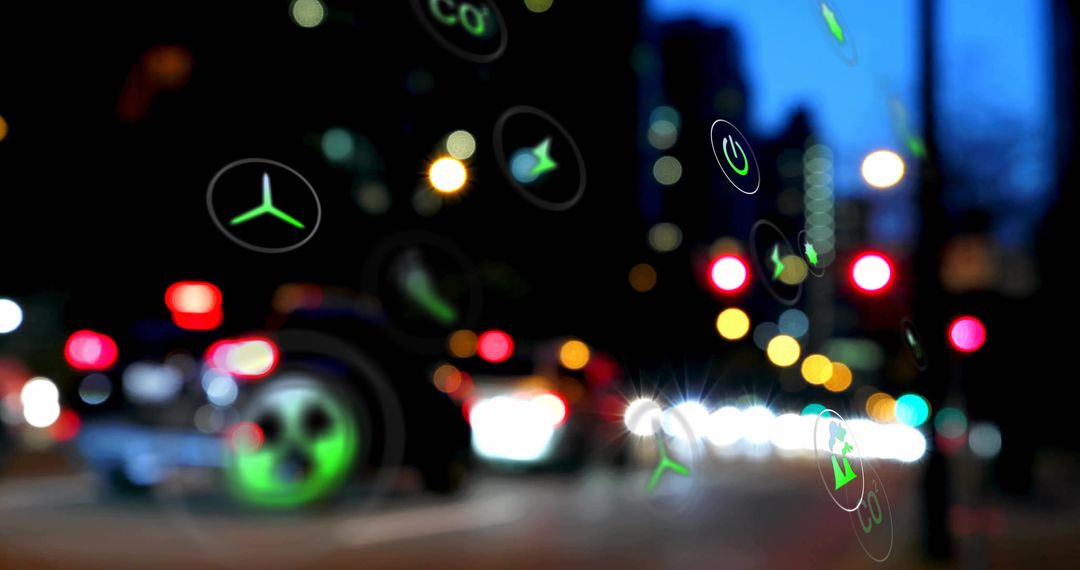 Green energy icons overlay transporting night cityscape procedure