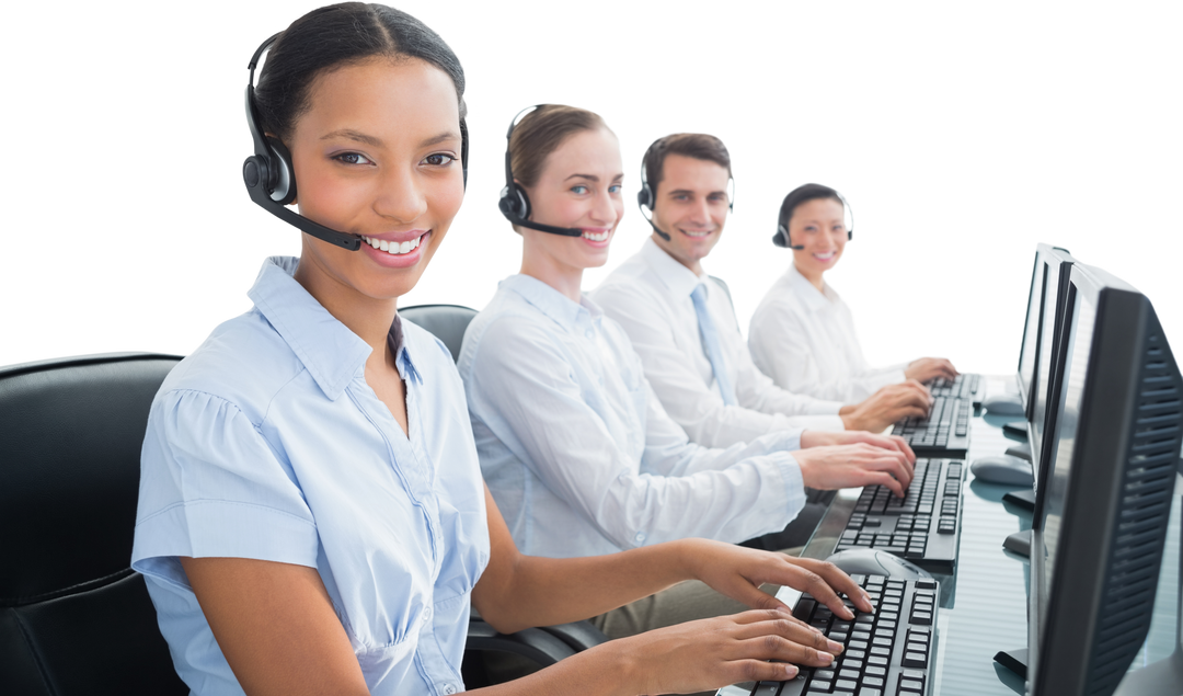 Transparent Customer Support Team Smiling and Assisting with Computers - Download Free Stock Images Pikwizard.com