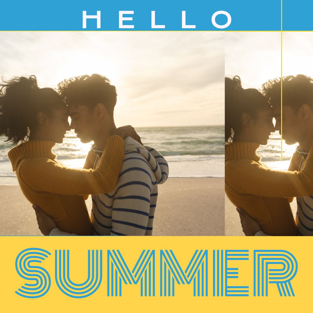 Romantic Beach Embrace with Hello Summer Vibes