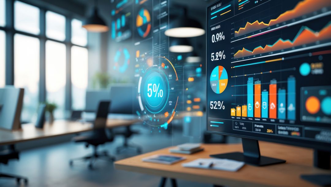 Colorful Business Analytics Dashboards on Monitor in Modern Office