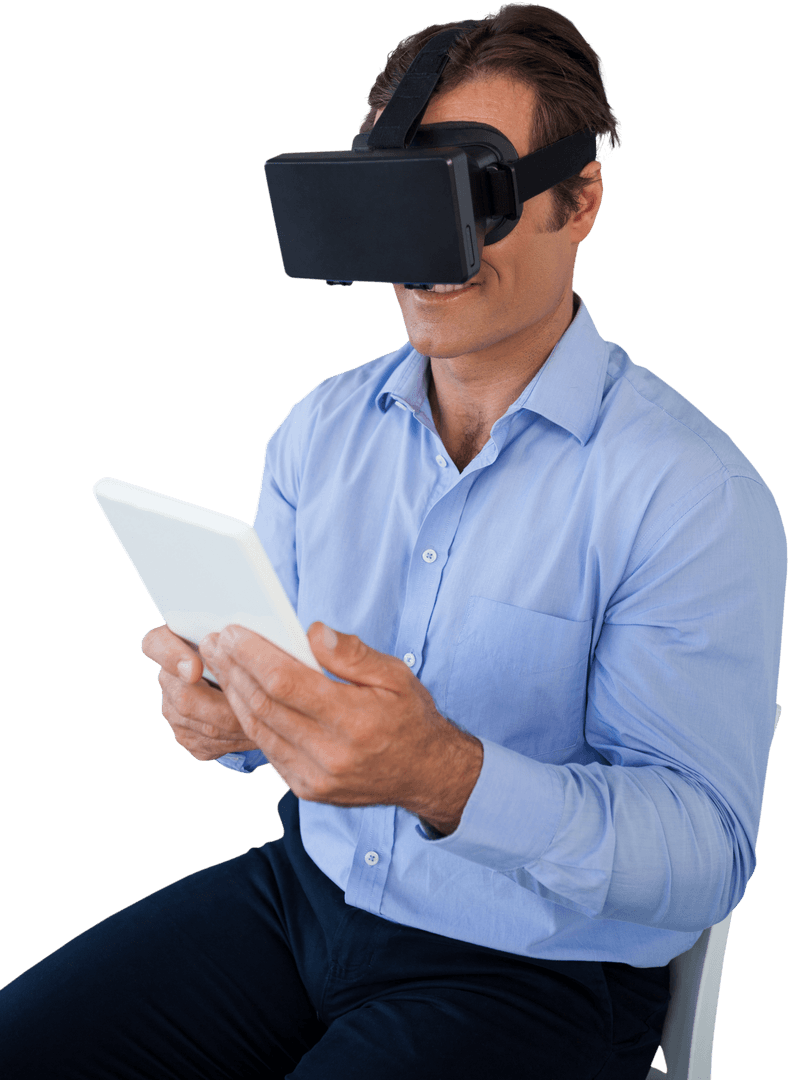 Businessman in Formal Shirt Using Virtual Reality Glasses and Tablet
