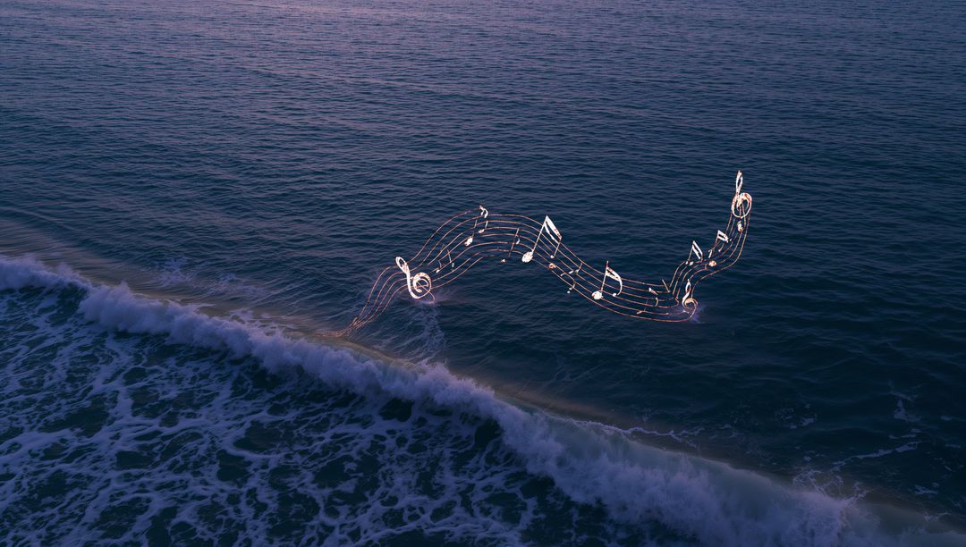 Musical Notes Floating Above Ocean Waves at Dusk