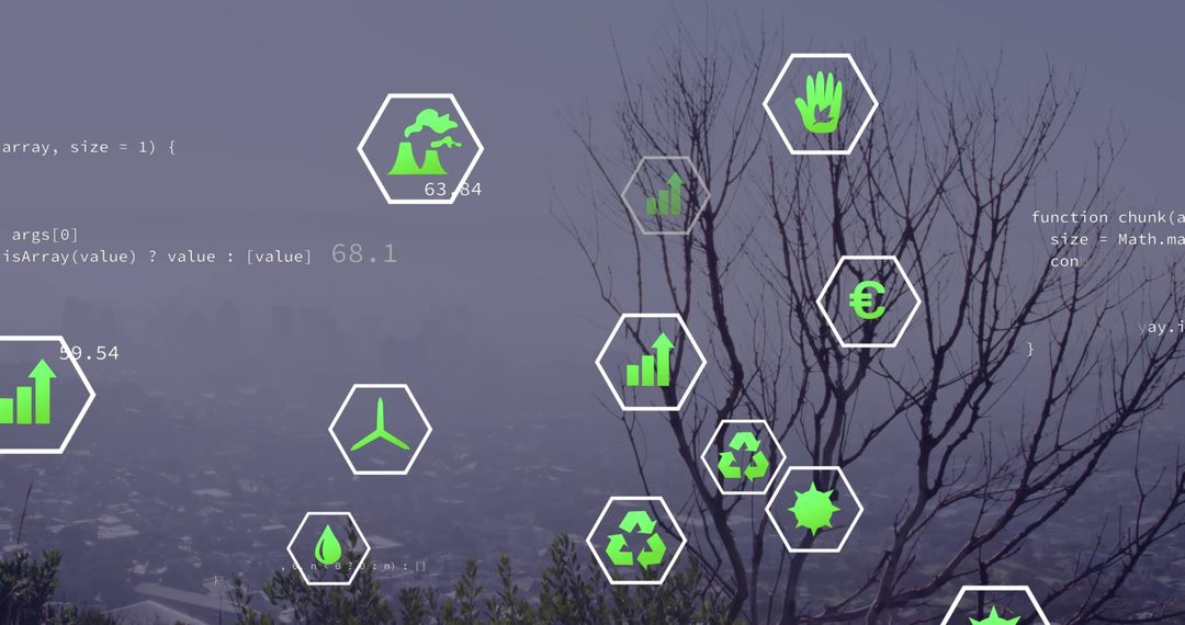 Digital Interface Icons Overlaying Urban Cityscape