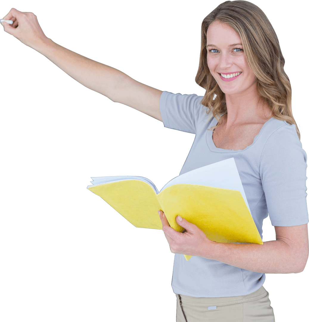 Smiling Teacher Holding Chalk and Yellow Notebook Transparent Background