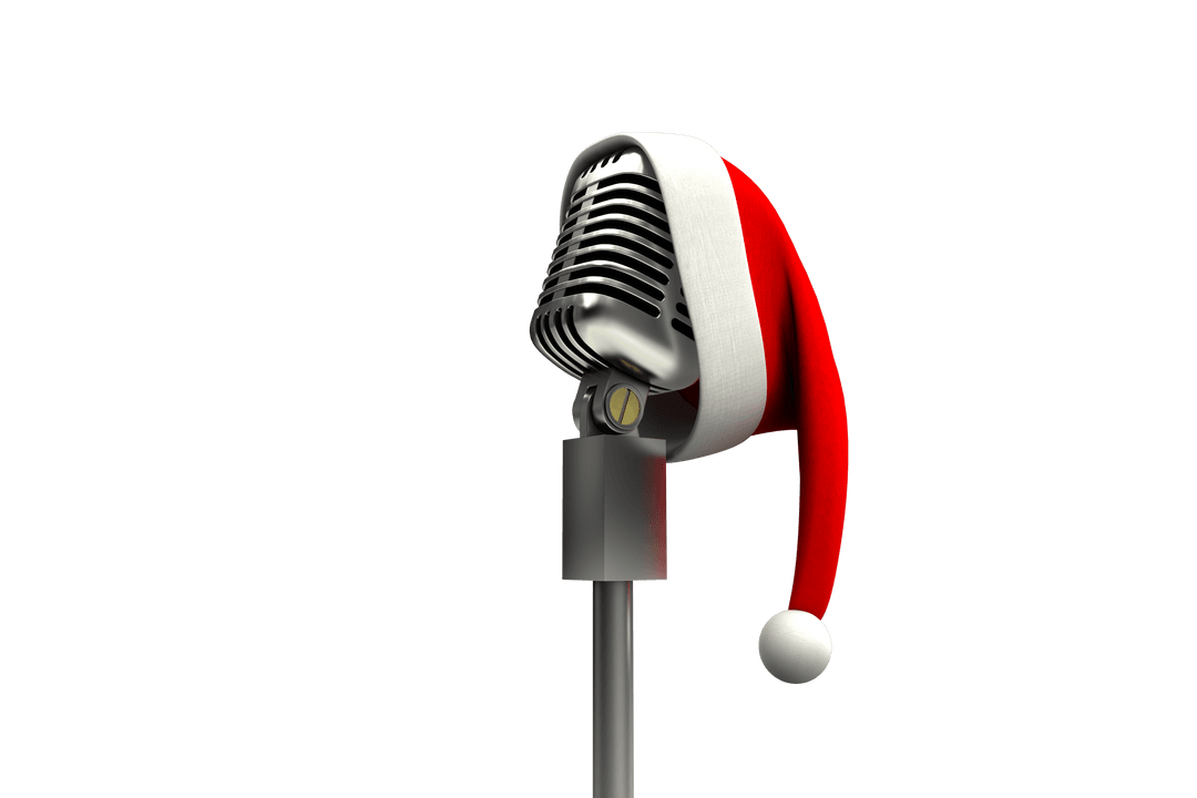 Retro Microphone Adorned with Festive Santa Hat on Transparent Background