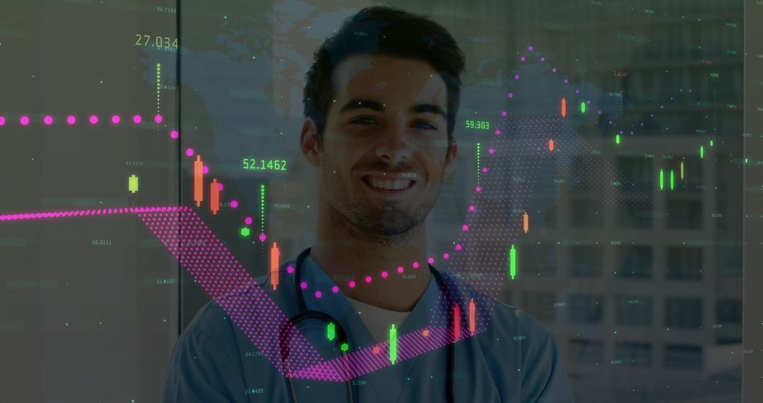 Healthcare Professional With Fintech Overlay On Analytical Charts