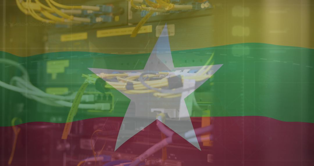 Myanmar Flag Overlay on Digital Server Room