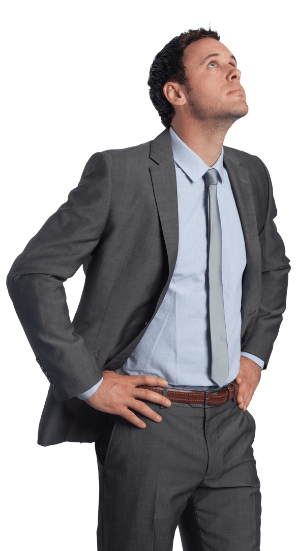 Transparent Businessman in Suit Looking Up in Deep Thought