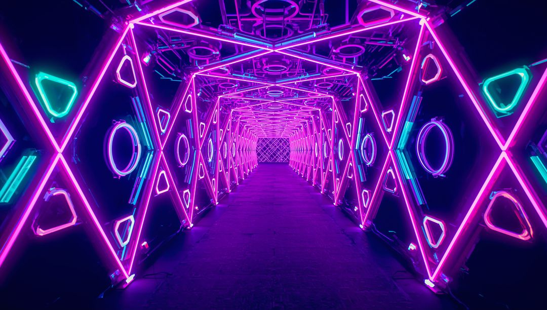 Glowing Neon Geometric Tunnel Leading Toward Patterned Backdrop with X Frames and Circles