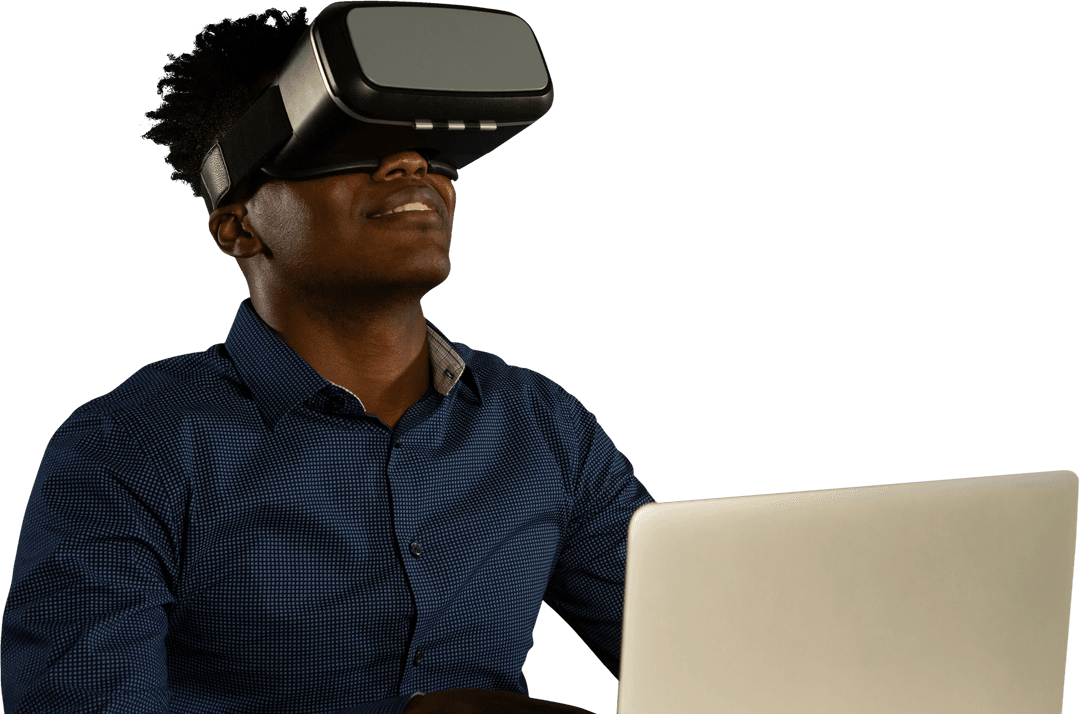 Man Enjoying Virtual Reality Headset with Transparent Background