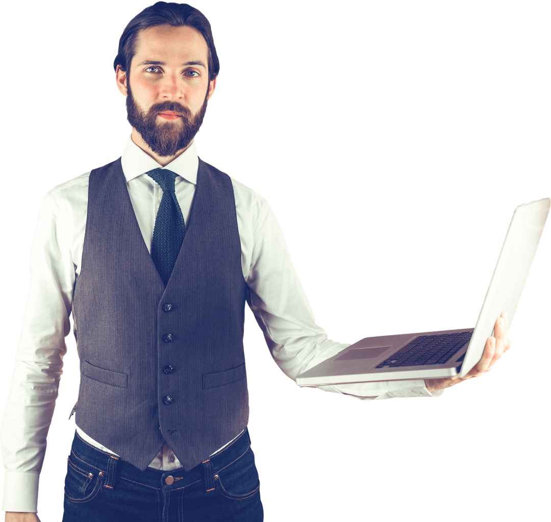 Confident Businessman Holding Laptop in Transparent Background