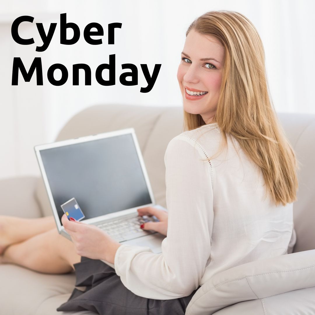 Woman Enjoying Cyber Monday Shopping with Laptop and Credit Card