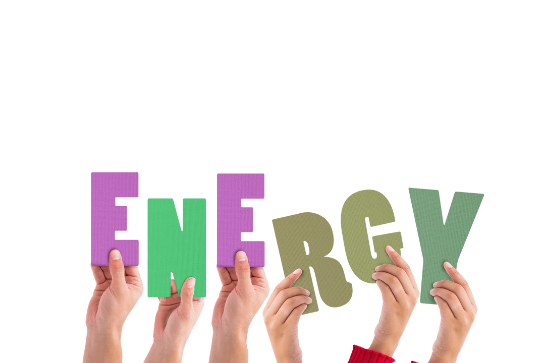 Hands Holding Colorful Energy Letters on Transparent Background