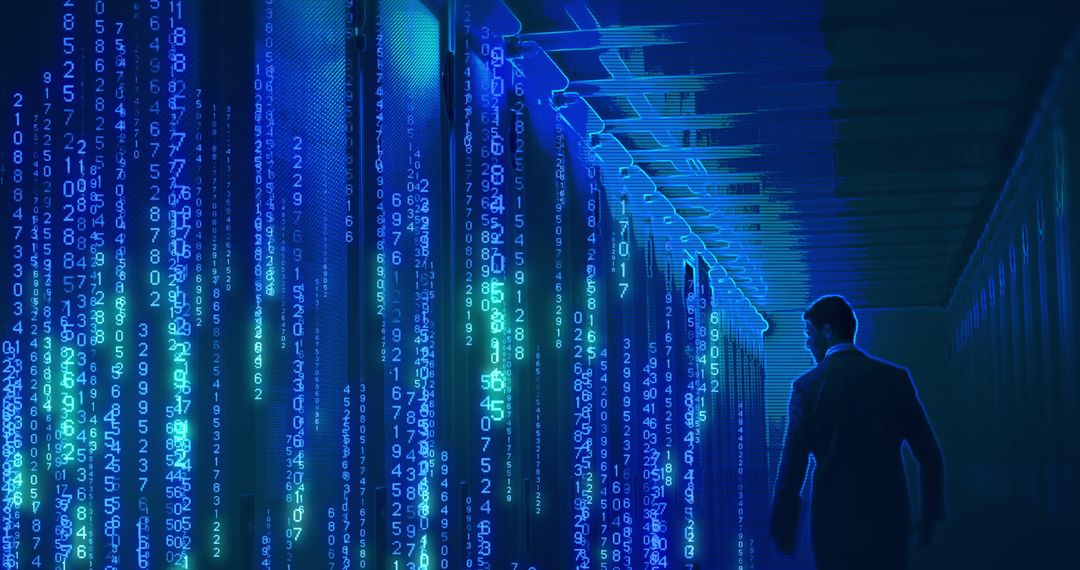 Businessman in Data Center With Futuristic Digital Overlay