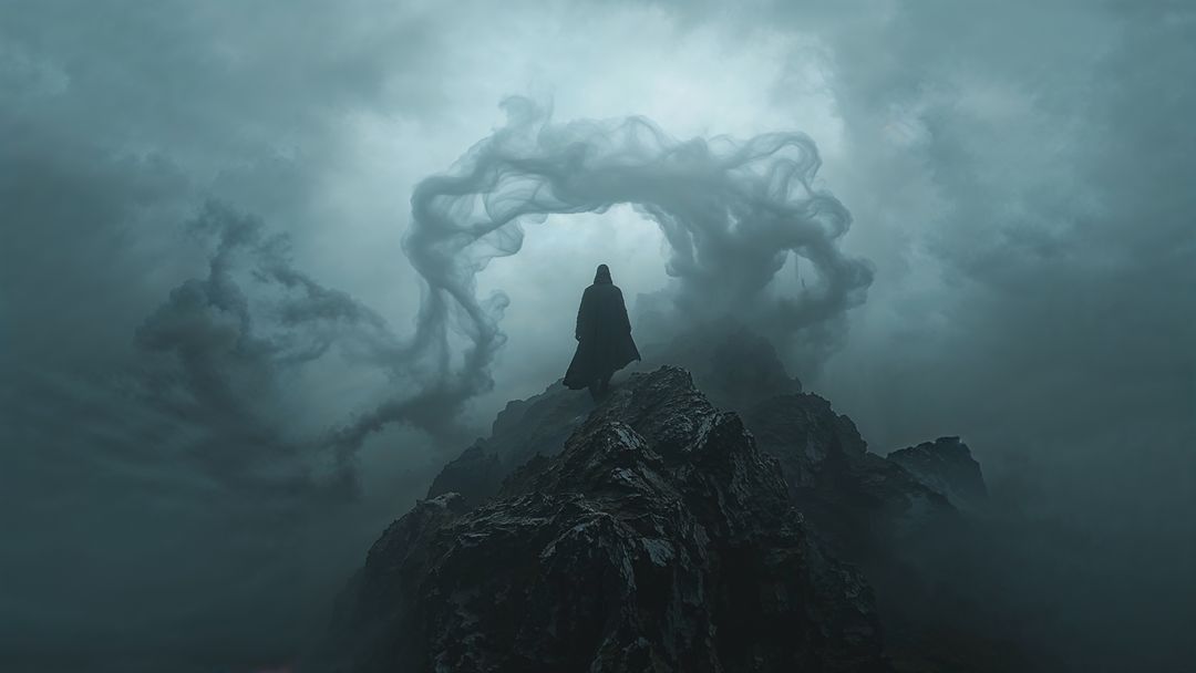 Mysterious hooded assassin figure on foggy mountain peak with swirling mist