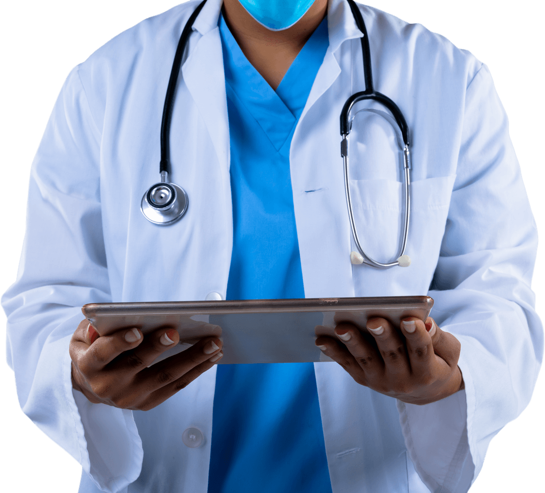 Transparent Female Doctor Holding Tablet with Stethoscope