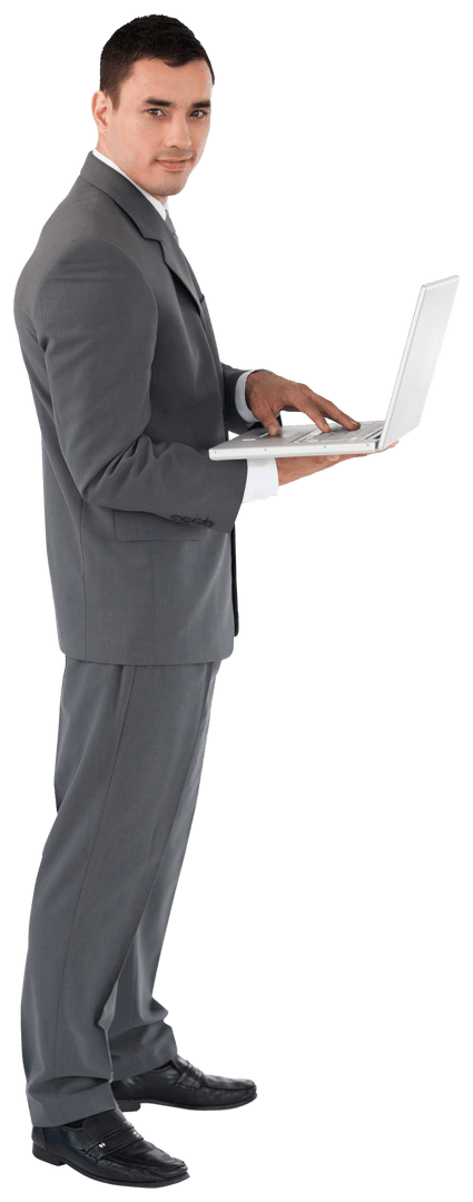 Transparent Businessman Standing with Laptop Efficiency