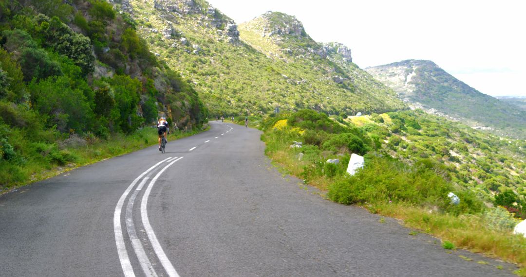 Cyclist Riding on Serene Mountain Road on Sunny Day - Free Images, Stock Photos and Pictures on Pikwizard.com