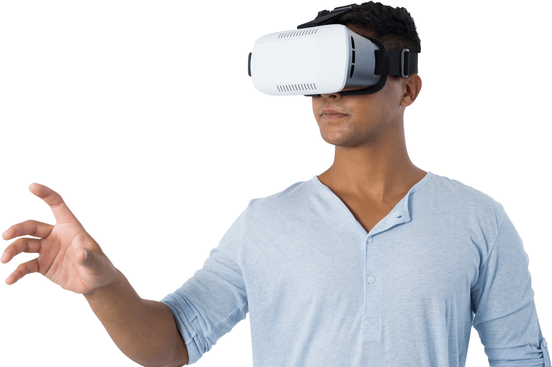 Man Engaging with Virtual Reality Headset on Transparent Background