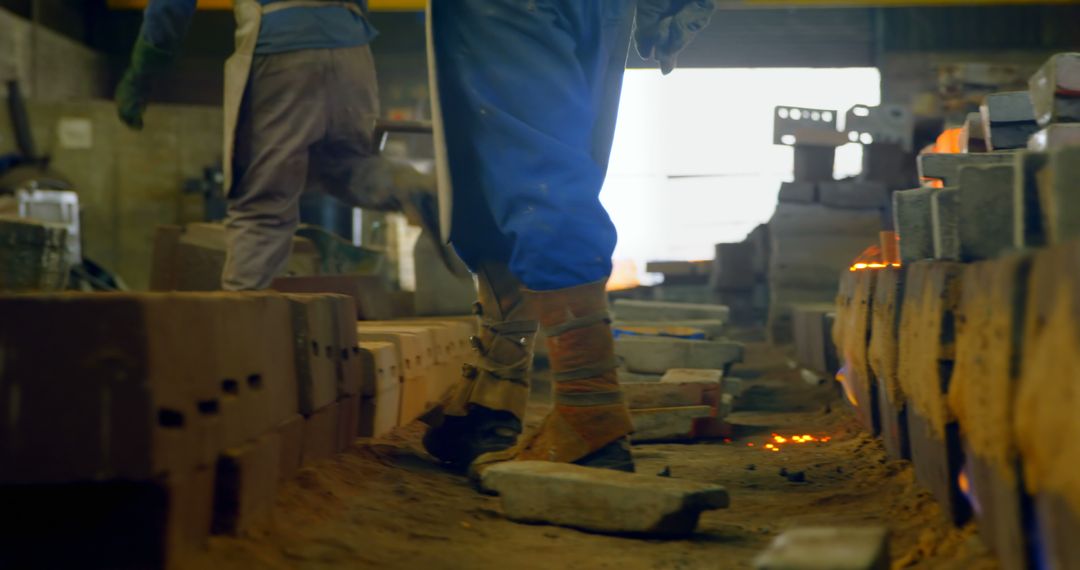 Workers Walking Through Industrial Factory with Hazards on Floor - Free Images, Stock Photos and Pictures on Pikwizard.com