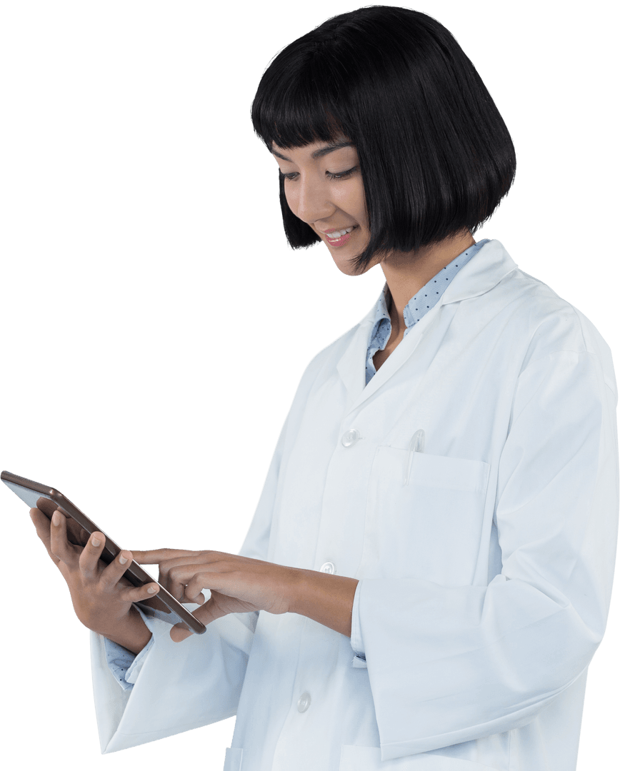 Transparent doctor smiling and using digital tablet