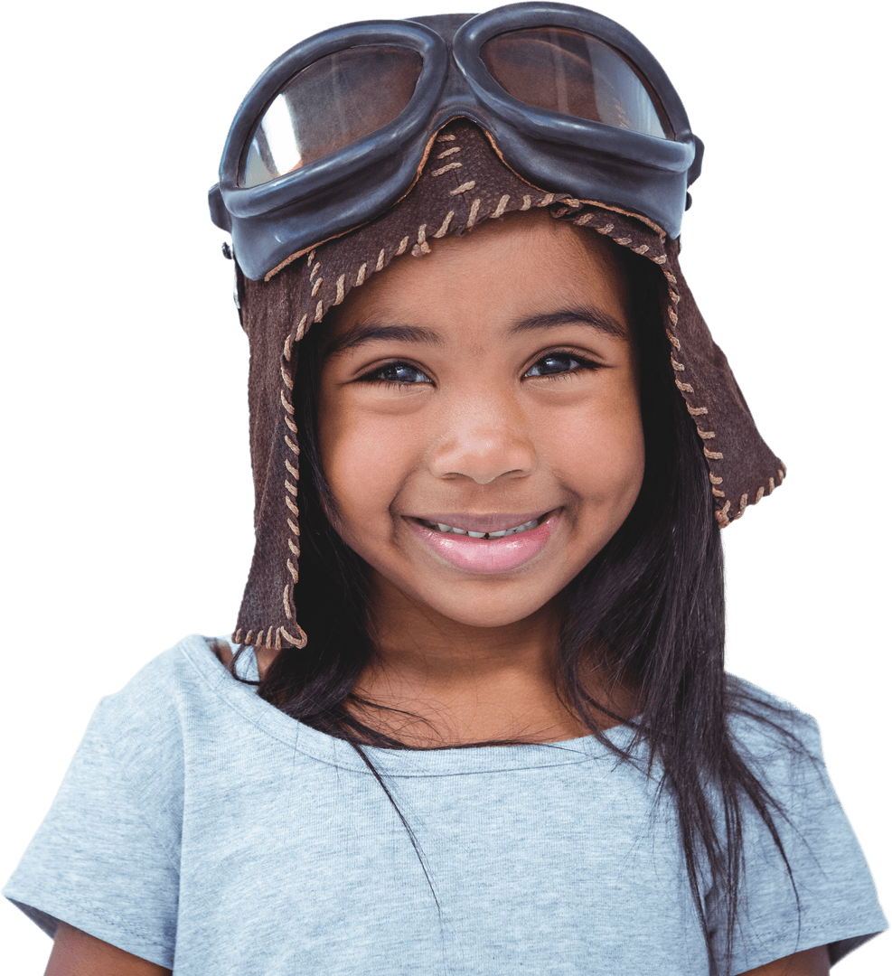 Joyful Girl Wearing Retro Aviator Hat and Goggles, Transparent Image
