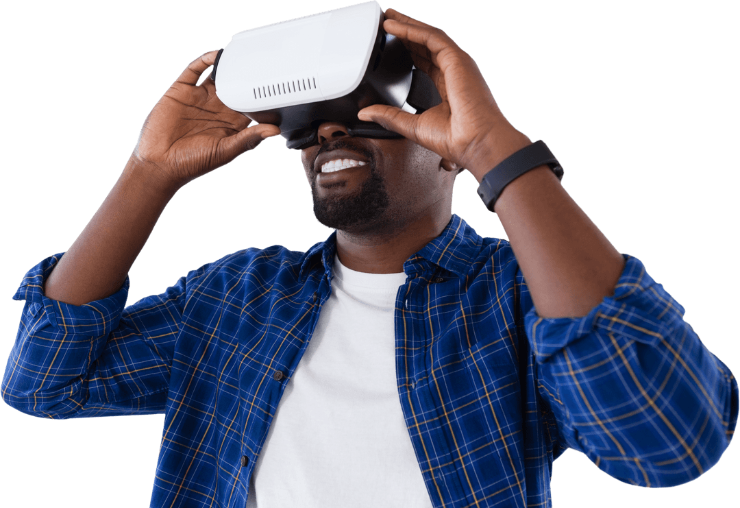 Transparent View of Smiling Man Experiencing Virtual Reality Technology