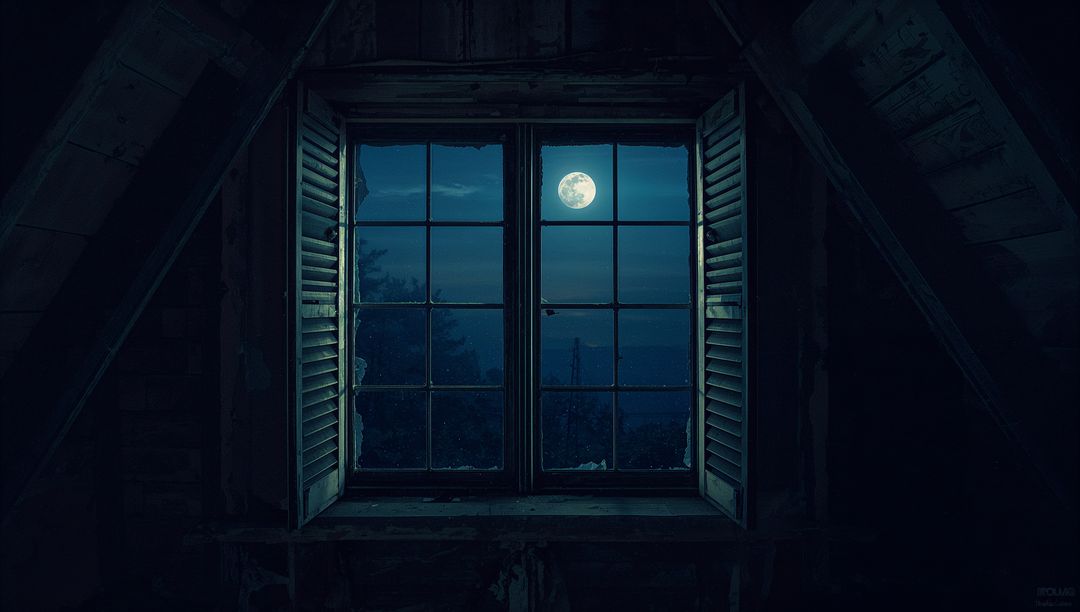 Moonlit Attic Window View with Vintage Ambiance