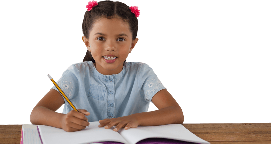 Smiling Girl Writing at Desk with Transparent Background