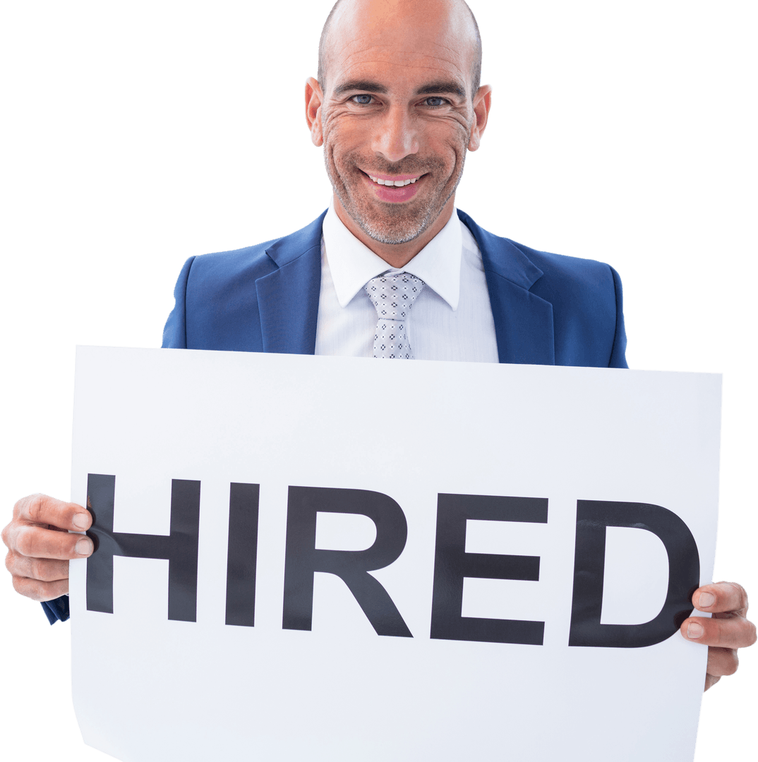 Transparent Businessman Holding Hired Sign with Confidence