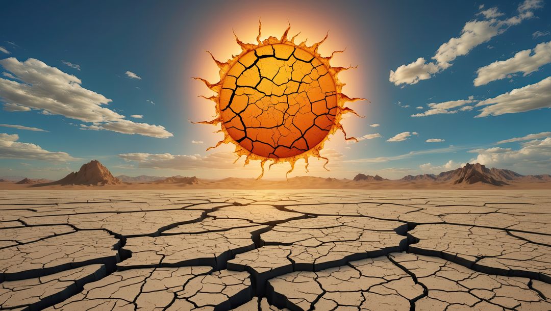Surreal sun shining over parched desert landscape in drought