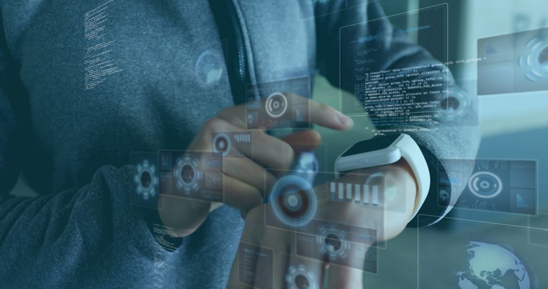 Businessman Checking Smartwatch with Futuristic Holographic Interface