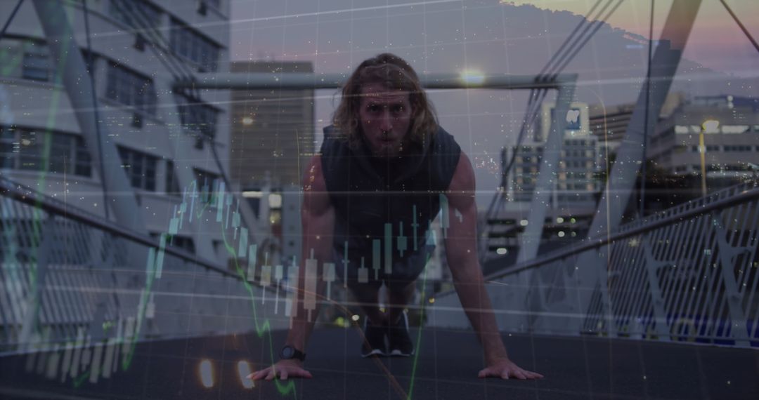 Man Exercising Amidst Digital Stock Market Overlay