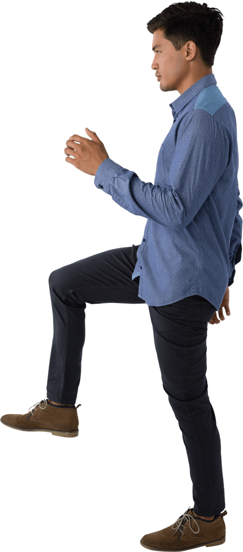Businessman Balanced on One Leg in Side Pose Transparent