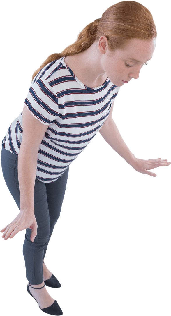 Transparent Focused Woman Balancing Mid Step Stretch Pose