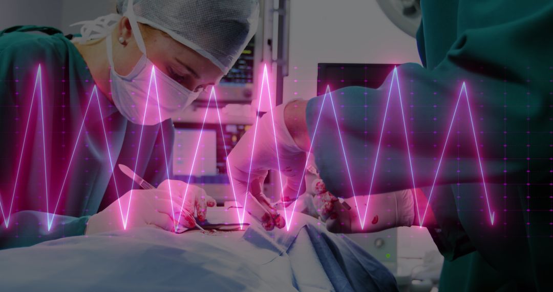 Surgeons Working in Operating Room with Heartbeat Graph Overlay