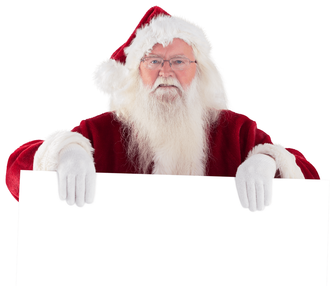 Transparent Santa Claus Holding Blank Sign for Christmas Messages