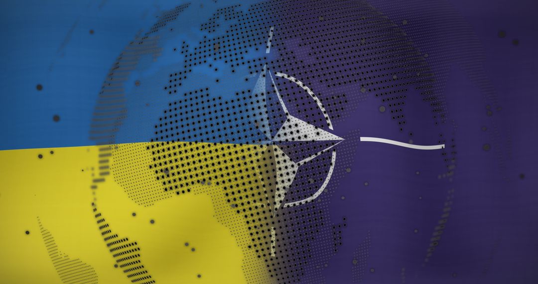Ukraine and NATO Flag Overlay with Spinning Globe and Digital Data Theme