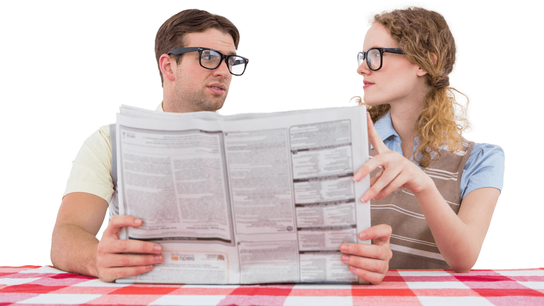 Transparent Background Geeky Couple Reading Newspaper