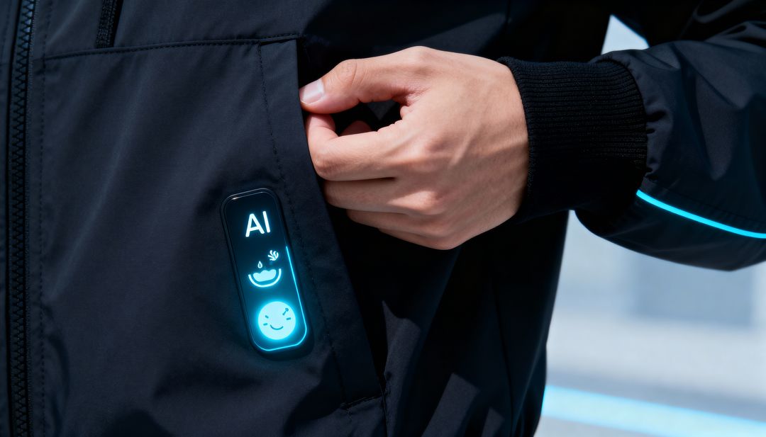 Man adjusting black smart jacket with glowing AI control panel and cyan LED accents