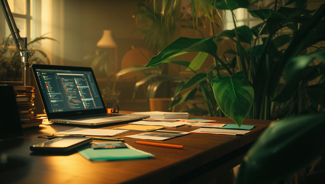 Modern Workspace with Laptop and Coding in Warm Ambient Light